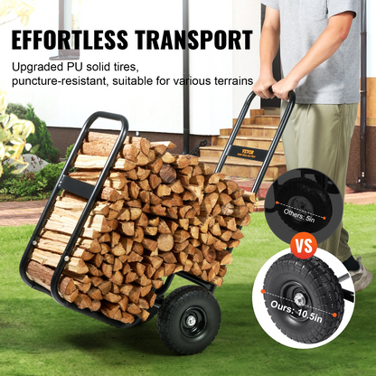 VEVOR Firewood Log Cart, 250 lbs Capacity, Outdoor and Indoor Wood Rack Storage Mover with PU Wheels & Waterproof Cloth, Heavy Duty Steel Dolly Hauler, Firewood Carrier for Fireplace, Fire Pit, Black