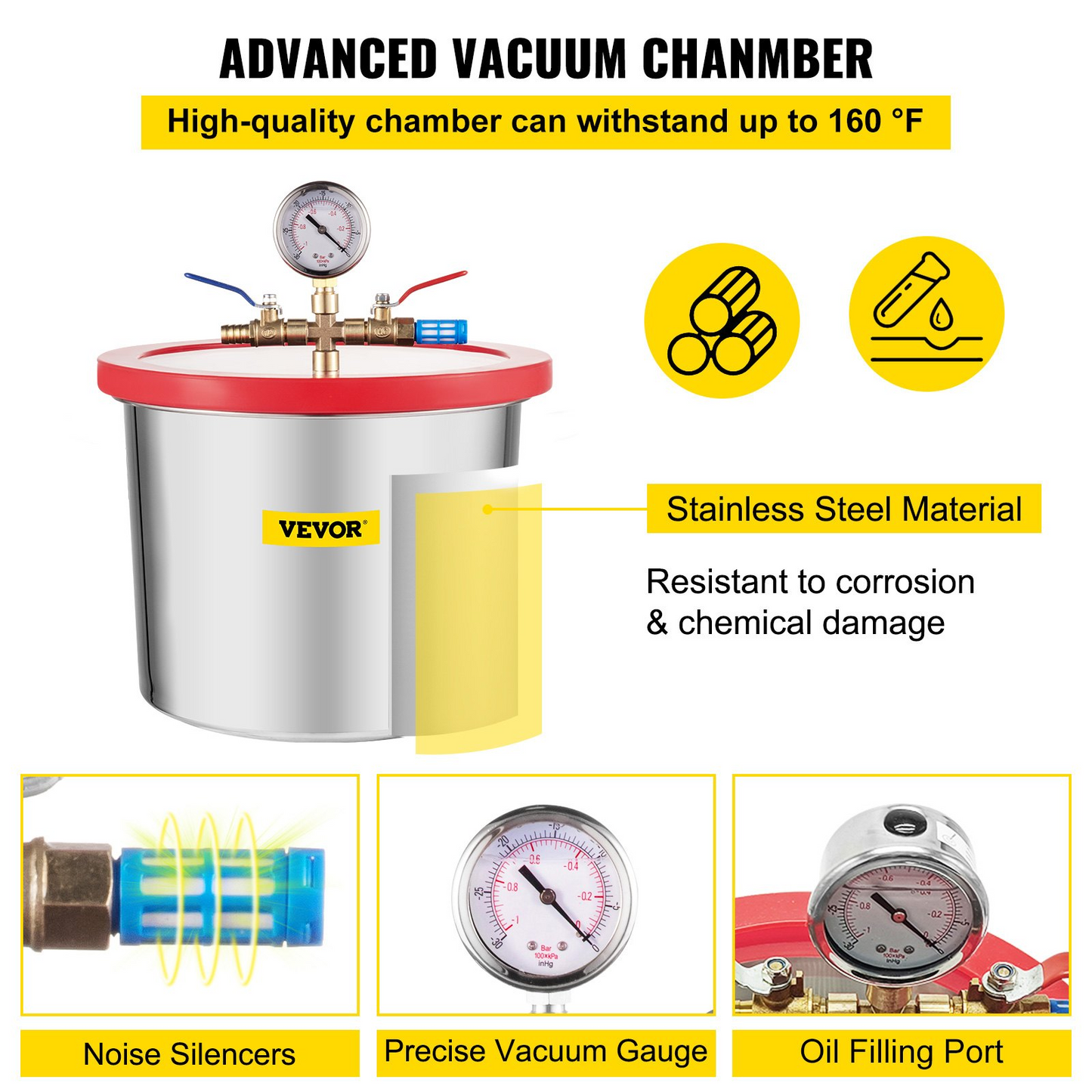 VEVOR Vacuum Chamber with Pump, 2 Gallon Vacuum Chamber, 3CFM 1/4HP Vacuum Pump with High-Capacity 2 Gallon Vacuum Chamber, Vacuum Degassing Chamber Kit for Automobile Maintenance, Vacuum Packaging