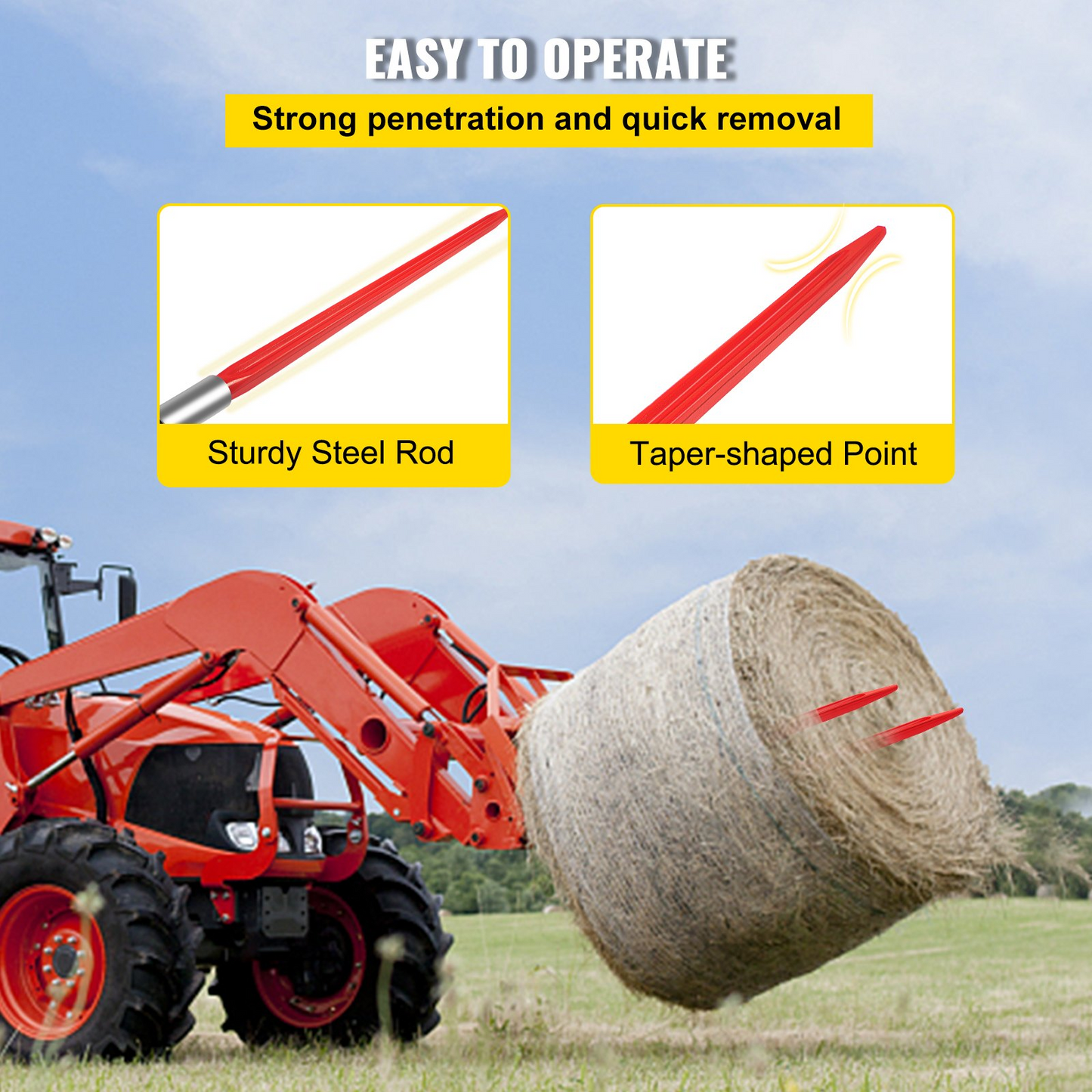 VEVOR Hay Spear 32" Bale Spear 1350 lbs Capacity, Bale Spike Quick Attach Square Hay Bale Spears 1.4" Wide, Red Coated Bale Forks, Bale Hay Spike with Hex Nut & Sleeve for Buckets Tractors Loaders