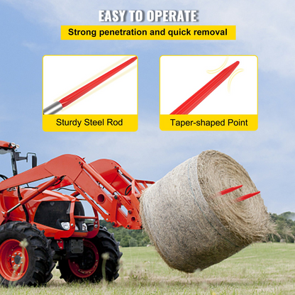 VEVOR Hay Spear 32" Bale Spear 1350 lbs Capacity, Bale Spike Quick Attach Square Hay Bale Spears 1.4" Wide, Red Coated Bale Forks, Bale Hay Spike with Hex Nut & Sleeve for Buckets Tractors Loaders