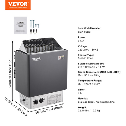 VEVOR 9KW Sauna Heater, Steam Bath Sauna Heater with Built-In Controls, Electric Sauna Stove, 3h Timer and Adjustable Temp for Max. 317-459 Cubic Feet, Home Hotel Spa Shower Use 220V