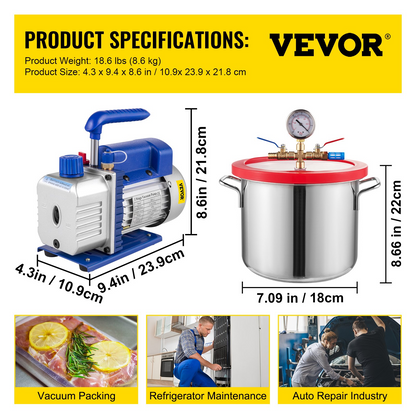 VEVOR Vacuum Chamber with Pump, 3.6CFM 1/4HP Vacuum Pump with High-Capacity 1.5 Gallon Vacuum Chamber, Vacuum Pump Chamber Kit Vacuum Degassing Chamber Kit