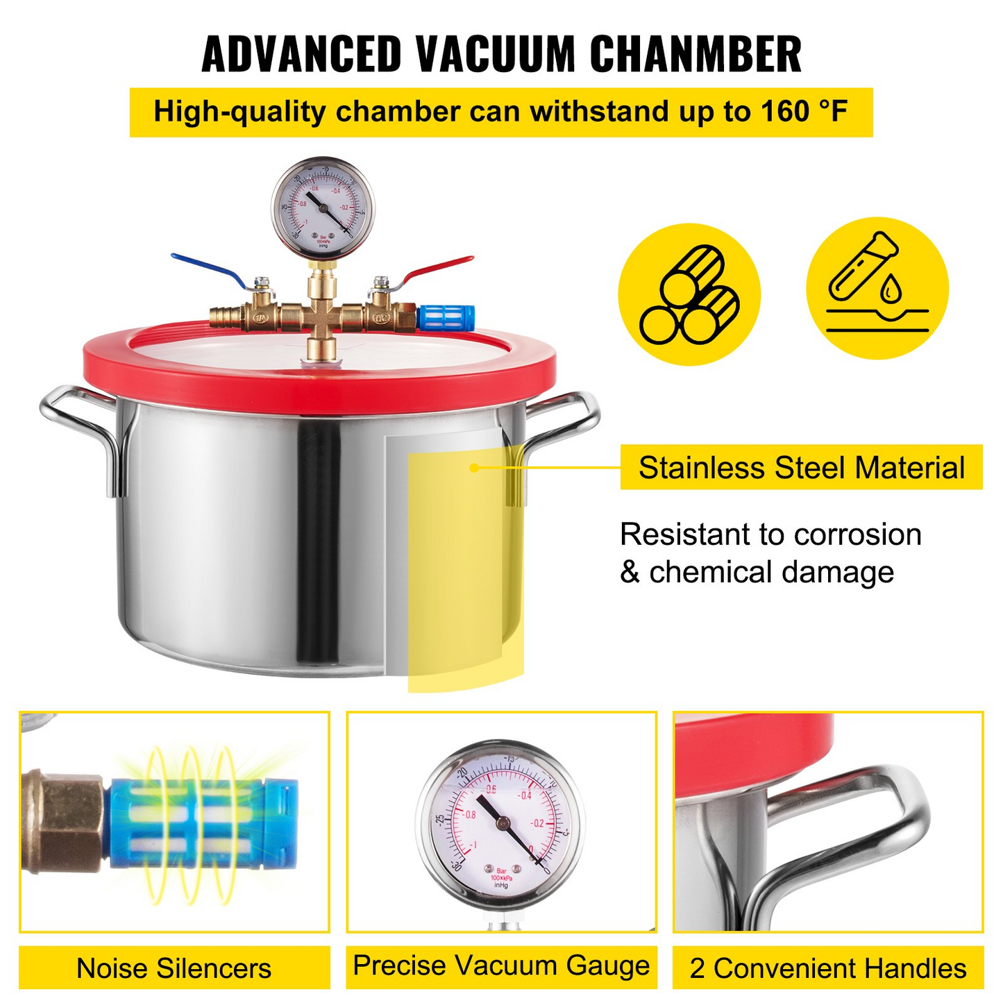 VEVOR 1 Gallon Vacuum Degassing Chamber Stainless Steel Degassing Chamber 3.8L Vacuum Chamber Kit with 3 CFM Single Stage Vacuum Pump(3CFM Vacuum Pump + 1 Gallon Vacuum Chamber)