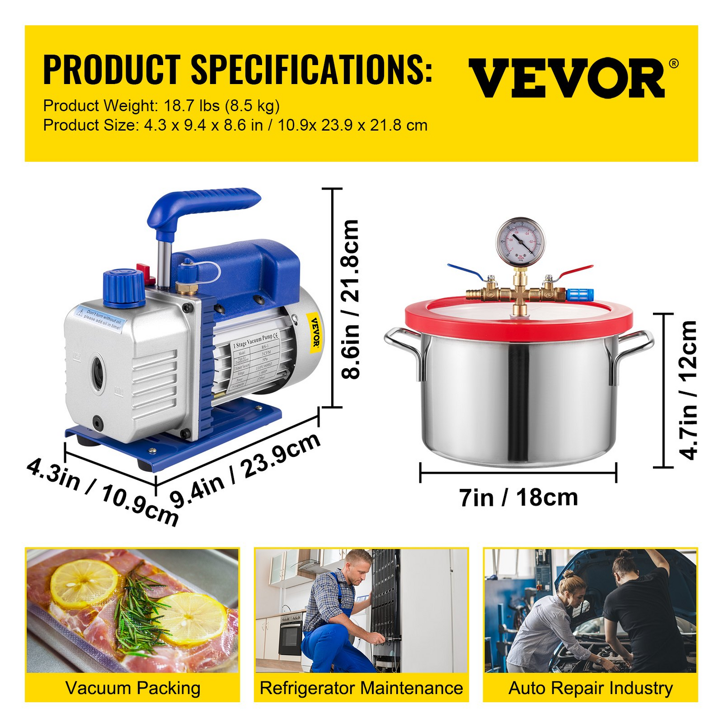 VEVOR 1 Gallon Vacuum Degassing Chamber Stainless Steel Degassing Chamber 3.8L Vacuum Chamber Kit with 3 CFM Single Stage Vacuum Pump(3CFM Vacuum Pump + 1 Gallon Vacuum Chamber)