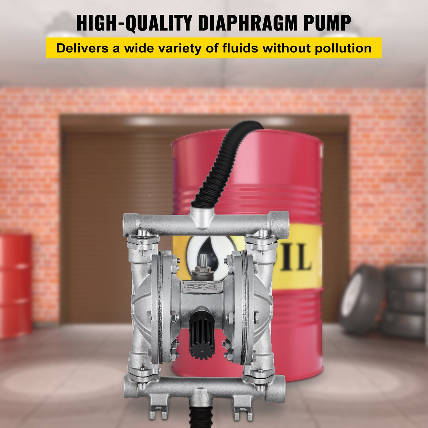 VEVOR Air-Operated Double Diaphragm Pump, 1/2 in Inlet & Outlet, Stainless Steel Body, 8.8 GPM & Max 120PSI, PTFE Diaphragm Pneumatic Transfer Pump for Petroleum, Diesel, Oil & Low Viscosity Fluids