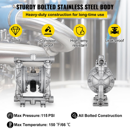 VEVOR Air-Operated Double Diaphragm Pump, 1/2 in Inlet & Outlet, Stainless Steel Body, 8.8 GPM & Max 120PSI, PTFE Diaphragm Pneumatic Transfer Pump for Petroleum, Diesel, Oil & Low Viscosity Fluids