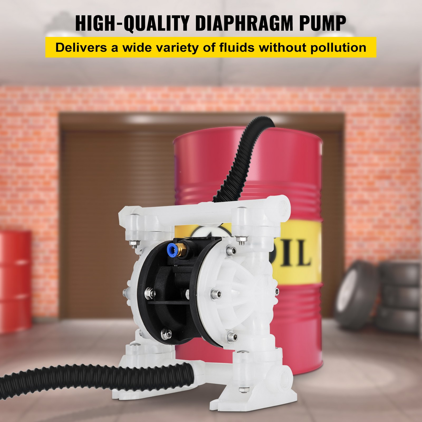 VEVOR Air-Operated Double Diaphragm Pump, 1/2 in Inlet & Outlet, Polypropylene Body, 8.8 GPM & Max 120PSI, PTFE Diaphragm Pneumatic Transfer Pump for Petroleum, Diesel, Oil & Low Viscosity Fluids