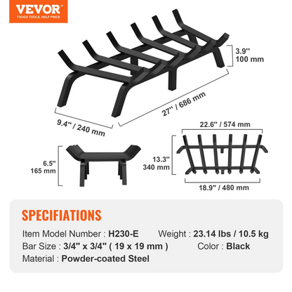 VEVOR Fireplace Log Grate, 27 inch Heavy Duty Fireplace Grate with 6 Support Legs, 3/4’’ Solid Powder-coated Steel Bars, Log Firewood Burning Rack Holder for Indoor and Outdoor Fireplace