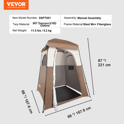 VEVOR Camping Shower Tent, 66" x 66" x 87" 1 Room Oversize Outdoor Portable Shelter, Privacy Tent with Detachable Top, Pockets, Hanging Rope and Clothesline, for Dressing, Changing, Toilet, Bathroom