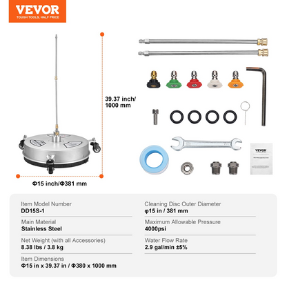 VEVOR 15" Pressure Washer Surface Cleaner w/ Wheels, Stainless Steel Concrete Cleaner 4000 Max PSI , 1/4" Quick-Connect Connector w/ 2 Extension Wand, Heavy Duty Power Washer For Floor Driveway, Patio