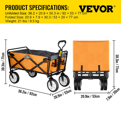 VEVOR Wagon Cart, Collapsible Folding Cart with 176lbs Load, Outdoor Utility Garden Cart, Adjustable Handle, Portable Foldable Wagons with Wheels for Beach, Camping, Grocery, Orange