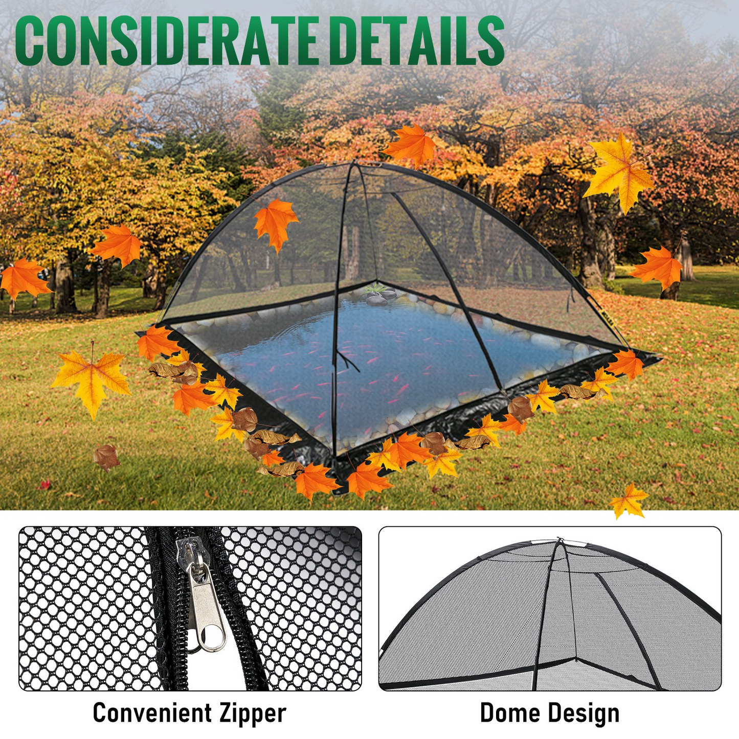 VEVOR Pond Cover Dome, 10x14 FT Garden Pond Net, 1/2 inch Mesh Dome Pond Net Covers with Zipper and Wind Rope, Black Nylon Pond Netting for Pond Pool and Garden to Keep Out Leaves