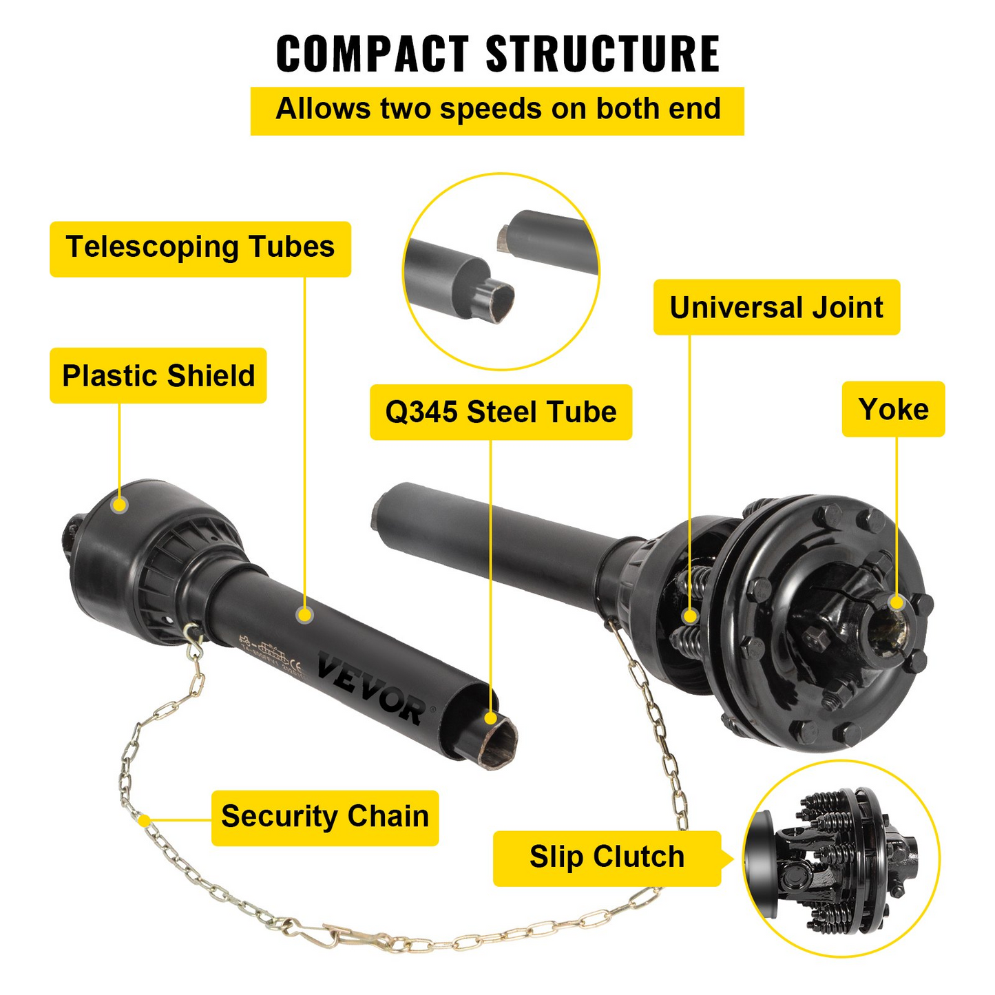 VEVOR PTO Shaft, 1-3/8" PTO Drive Shaft, 6 Spline Both Ends PTO Driveline Shaft, Series 5 Tractor PTO Shaft, 43"-57" Brush Hog PTO Shaft, Black PTO Shaft w/Slip Clutch for Bush Hog/Finish Mower