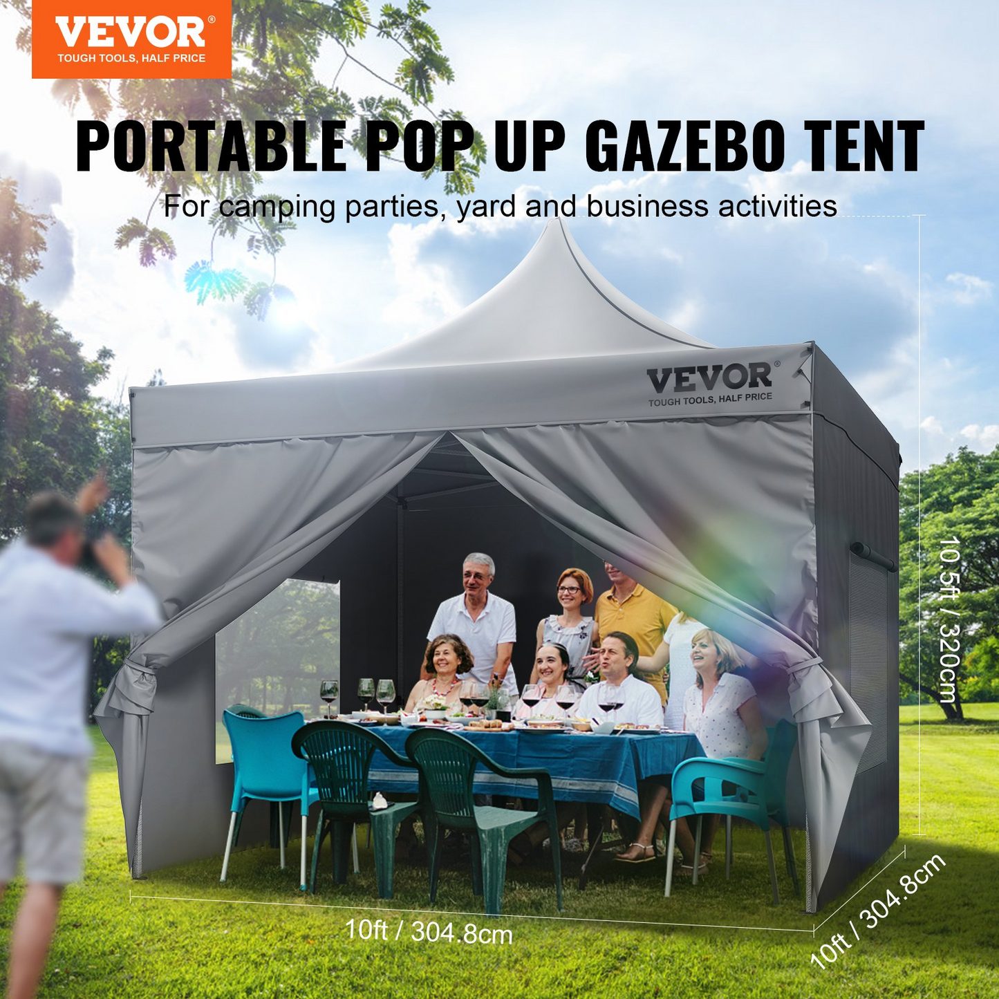 VEVOR 10x10 FT Pop up Canopy with Removable Sidewalls, Instant Canopies Portable Gazebo & Wheeled Bag, UV Resistant Waterproof, Enclosed Canopy Tent for Outdoor Events, Patio, Backyard, Party, Camping