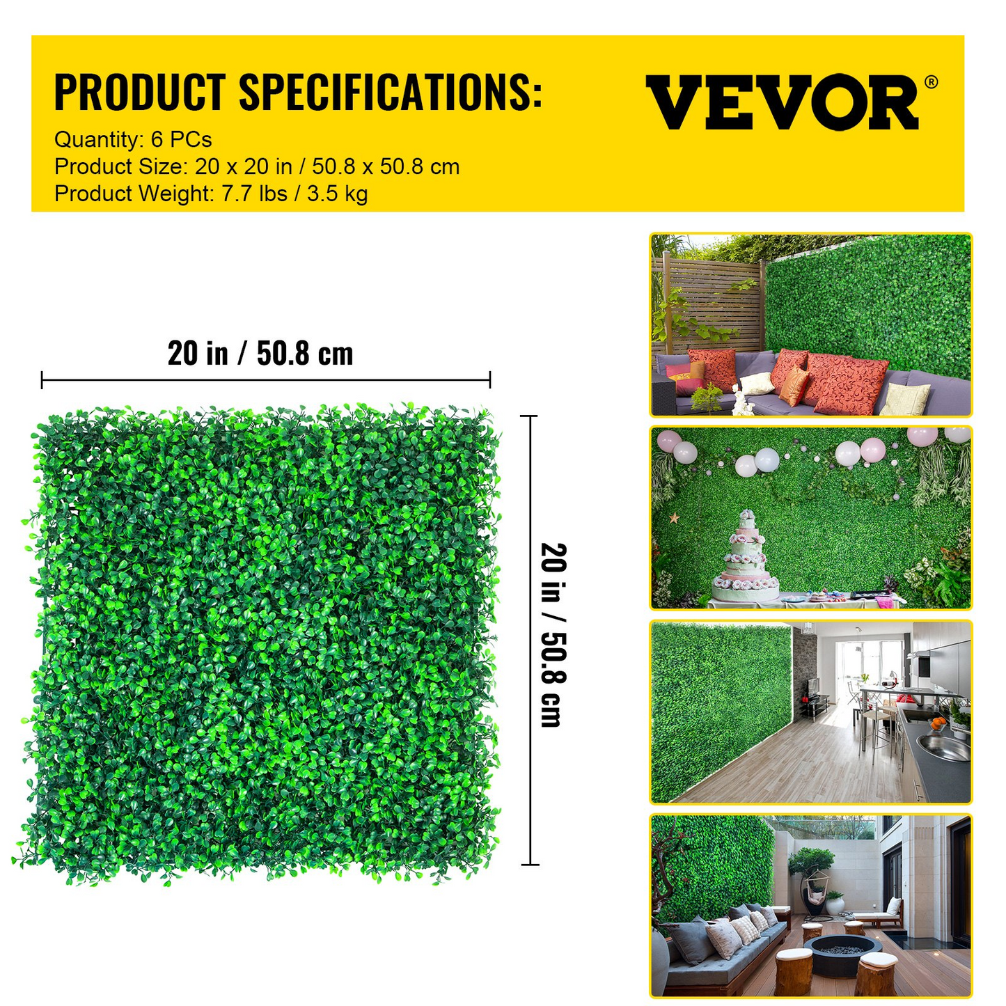 VEVOR Artificial Boxwood Panels, 6 PCS 20"x20" Boxwood Hedge Wall Panels, PE Artificial Grass Backdrop Wall 1.6", Privacy Hedge Screen for Decoration of Outdoor, Indoor, Garden, Fence, and Backyard