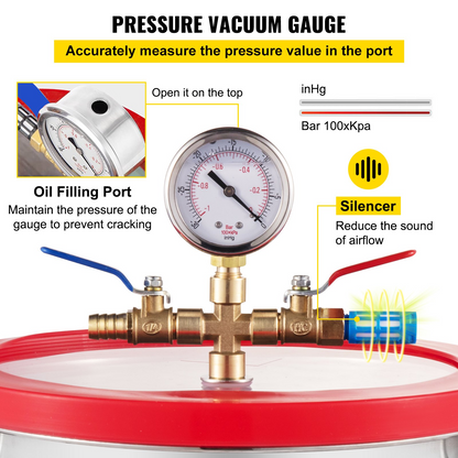 VEVOR Vacuum Chamber 1.5 Gallon Vacuum Degassing Chamber Glass Lid Stainless Steel Degassing Chamber Silicones for Gas Extraction and Protect Food