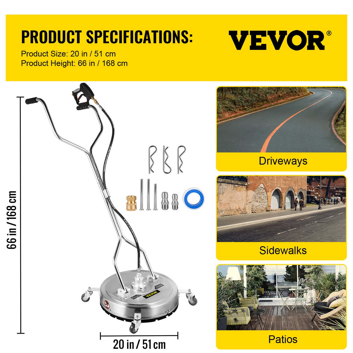 VEVOR Pressure Washer Surface Cleaner, 20'', Max. 4000 PSI Pressure by 2 Nozzles for Cleaning Driveways, Sidewalks, Stainless Steel Frame w/Rotating Dual Handle, Wheels, Fit for 3/8'' Quick Connector