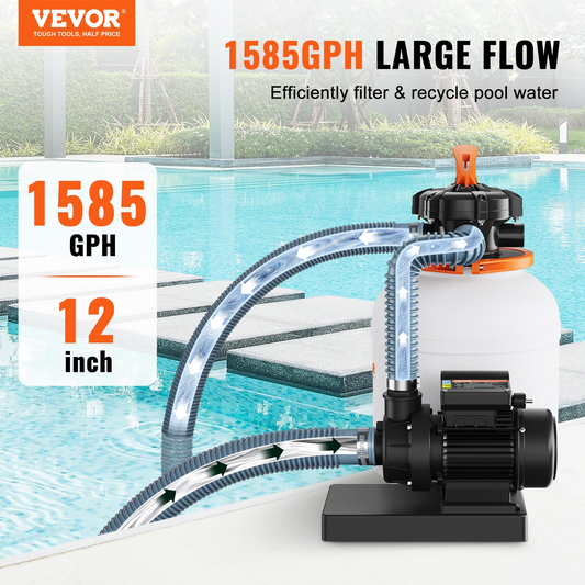 VEVOR Sand Filter Pump for Above Ground Pools, 12-inch, 1585 GPH, 0.33 HP Swimming Pool Pumps System & Filters Combo Set with 5-Way Multi-Port Valve & Pressure Gauge, for Domestic and Commercial Pools