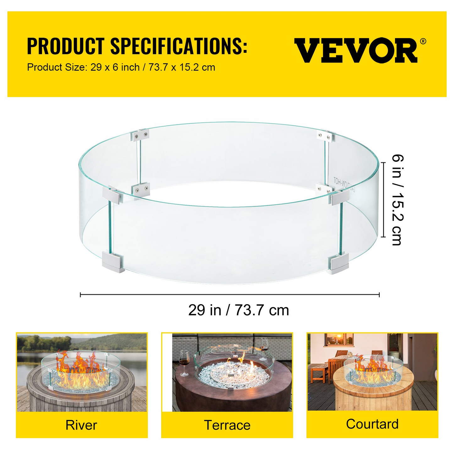 VEVOR Fire Pit Wind Guard, 29.1x29.1x6 inch Glass Flame Guard, Round Glass Shield, 1/4-Inch Thick Fire Table, Clear Tempered Glass Flame Guard, Aluminum Alloy Feet for Propane, Gas, Outdoor