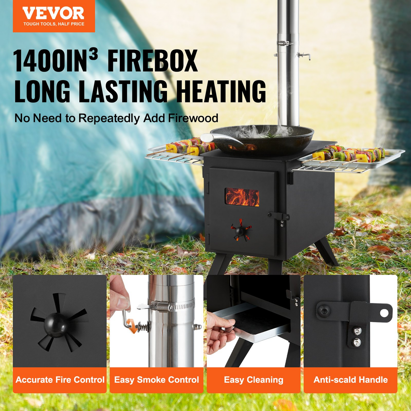 VEVOR Wood Stove, 86 inch, Alloy Steel Camping Tent Stove, Portable Wood Burning Stove with Chimney Pipes & Gloves, 1400in³Firebox Hot Tent Stove for Outdoor Cooking and Heating with 8 Pipes