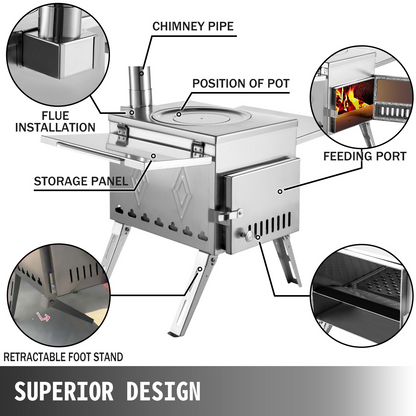 VEVOR Tent Wood Stove 17.5x14.7x10.6 inch, Camping Wood Stove 304 Stainless Steel With Folding Pipe, Portable Wood Stove 95.7 inch Total Height For Camping, Tent Heating, Hunting, Outdoor Cooking