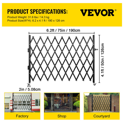 VEVOR Single Folding Security Gate, 48" H x 71" W Folding Door Gate, Steel Accordion Security Gate, Flexible Expanding Security Gate, 360° Rolling Barricade Gate, Scissor Gate or Door with Padlock