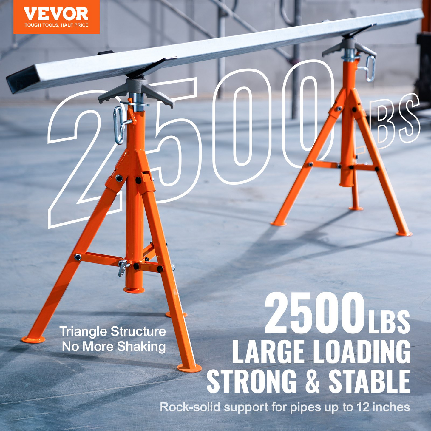 VEVOR Pipe Stand, 2500LBS Heavy Duty Pipe Jack Stands, 27.2"-52" Height Adjustable V Head Pipe Stand, 45# Steel Folding Jack Stand for 1/2-12 inches Pipes