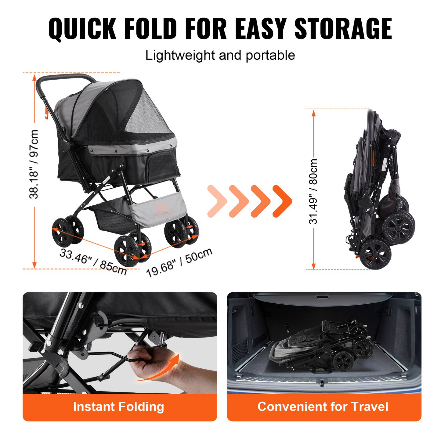 VEVOR Pet Stroller, 4 Wheels Dog Stroller Rotate with Brakes, 44lbs Weight Capacity, Puppy Stroller with Reversible Handlebar, Storage Basket and Zipper, for Dogs and Cats Travel, Black+Grey