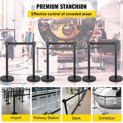 VEVOR Crowd Control Stanchion, Set of 6 Pieces Stanchion Set, Stanchion Set with 6.6 ft/2 m Black Retractable Belt, Black Crowd Control Barrier w/Concrete and Metal Base - Easy Connect Assembly