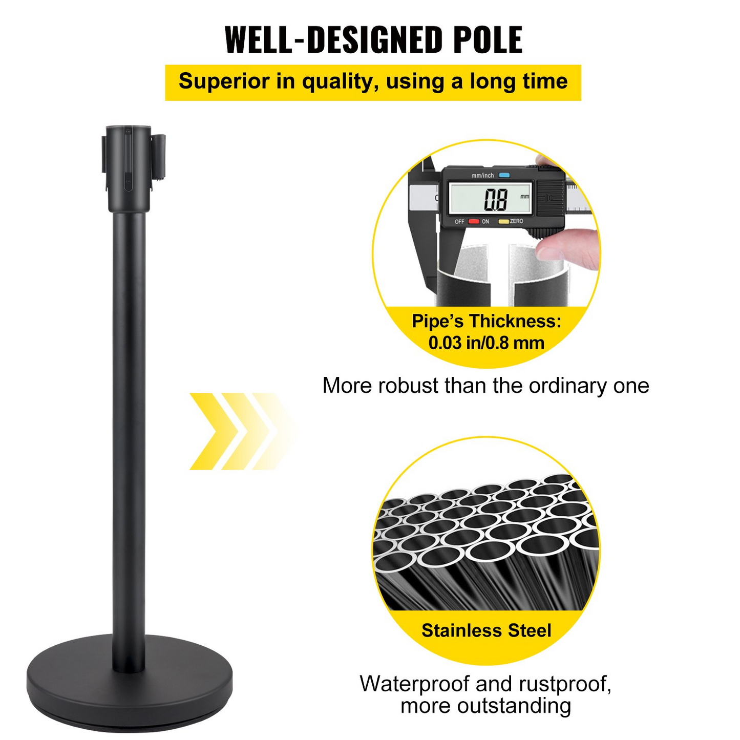 VEVOR Crowd Control Stanchion, Set of 6 Pieces Stanchion Set, Stanchion Set with 6.6 ft/2 m Black Retractable Belt, Black Crowd Control Barrier w/Concrete and Metal Base - Easy Connect Assembly