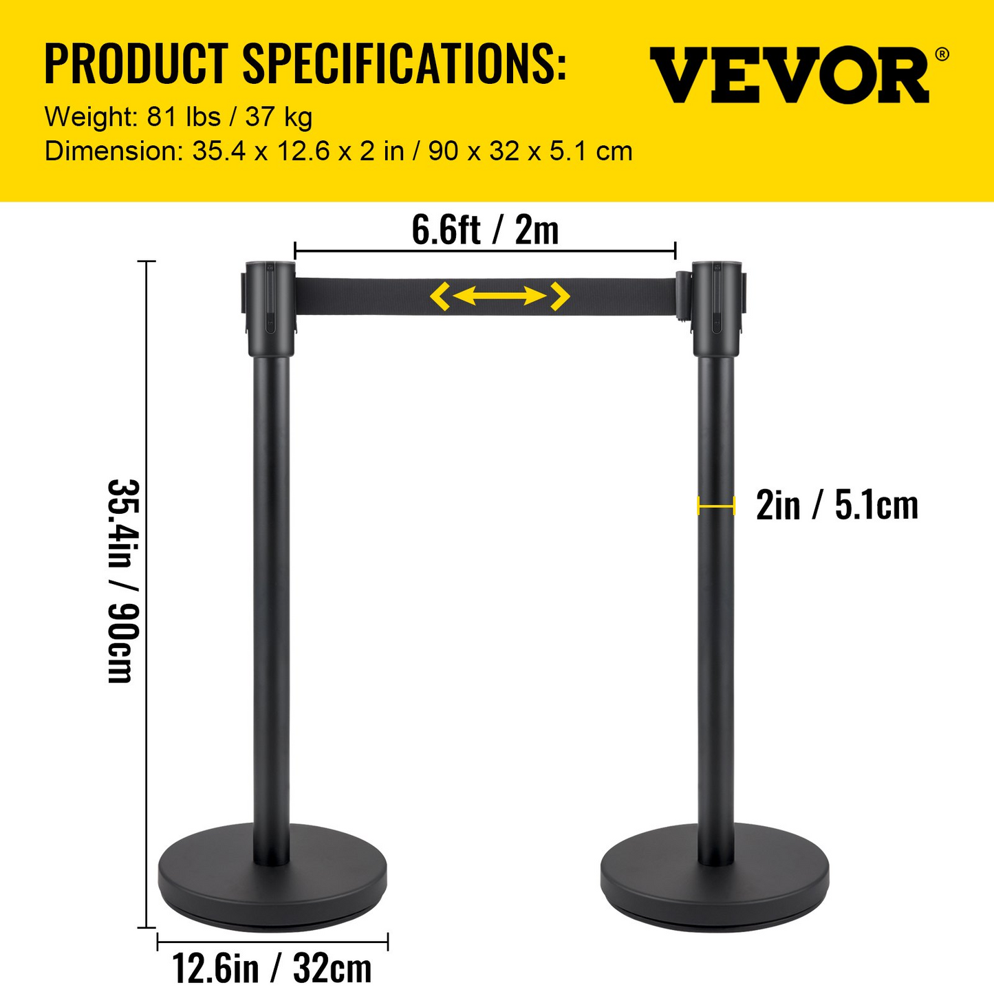 VEVOR Crowd Control Stanchion, Set of 6 Pieces Stanchion Set, Stanchion Set with 6.6 ft/2 m Black Retractable Belt, Black Crowd Control Barrier w/Concrete and Metal Base - Easy Connect Assembly