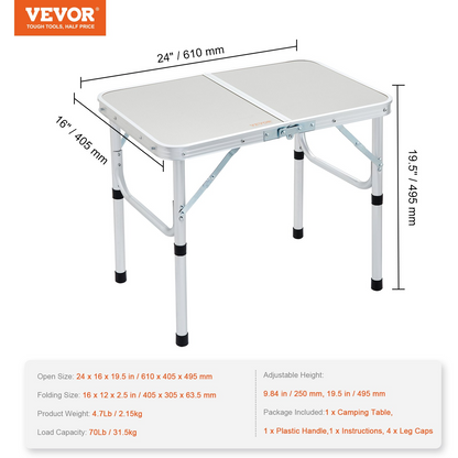 VEVOR Folding Camping Table, Adjustable Height Outdoor Portable Side Tables, Lightweight Fold Up Table, Aluminum & MDF Ultra Compact Work Table, For Cooking, Beach, Picnic, Travel, 24x16 inch, Silver