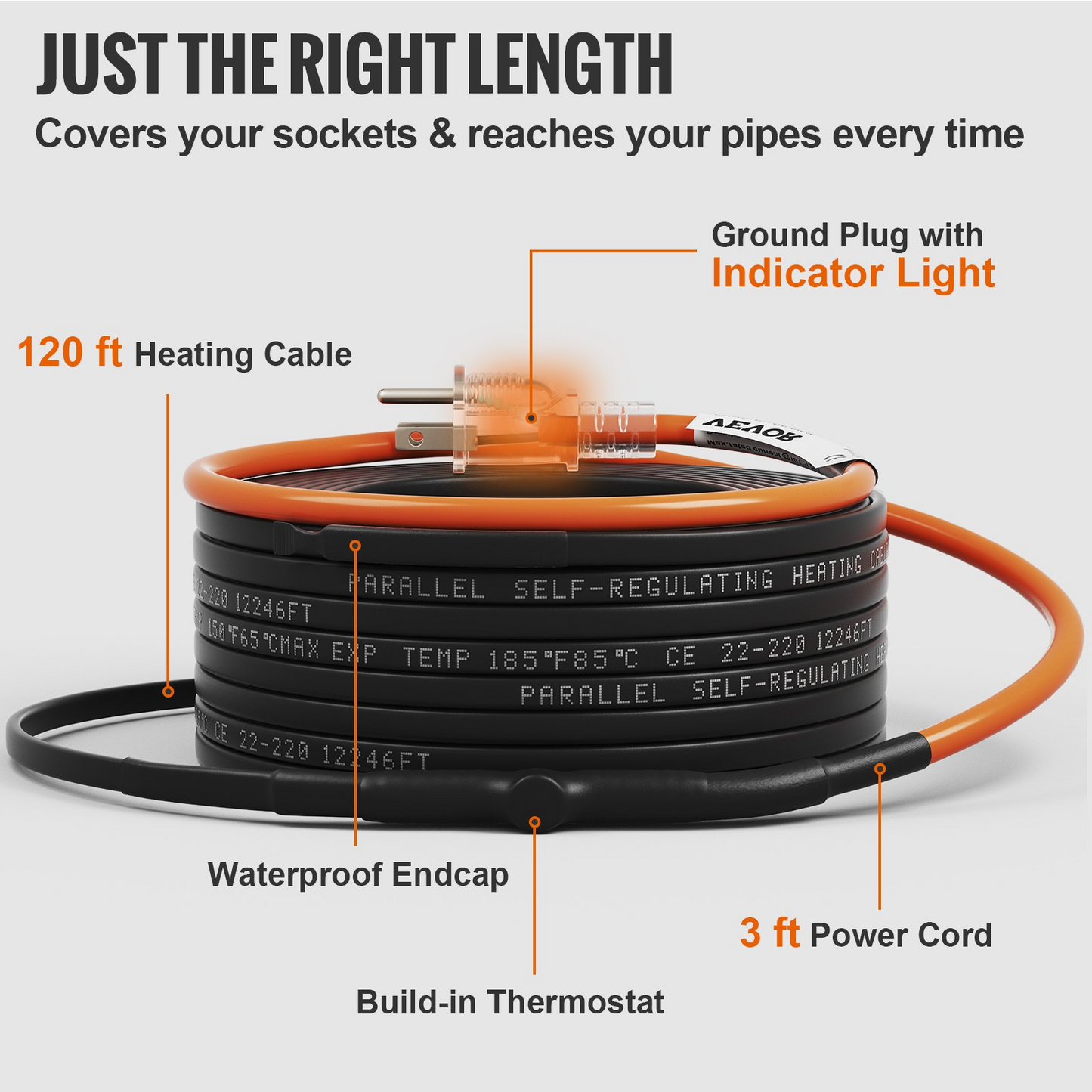 VEVOR Self-Regulating Pipe Heating Cable, 120-feet 5W/ft Heat Tape for Pipes Freeze Protection, Protects PVC Hose, Metal and Plastic Pipe from Freezing, 120V