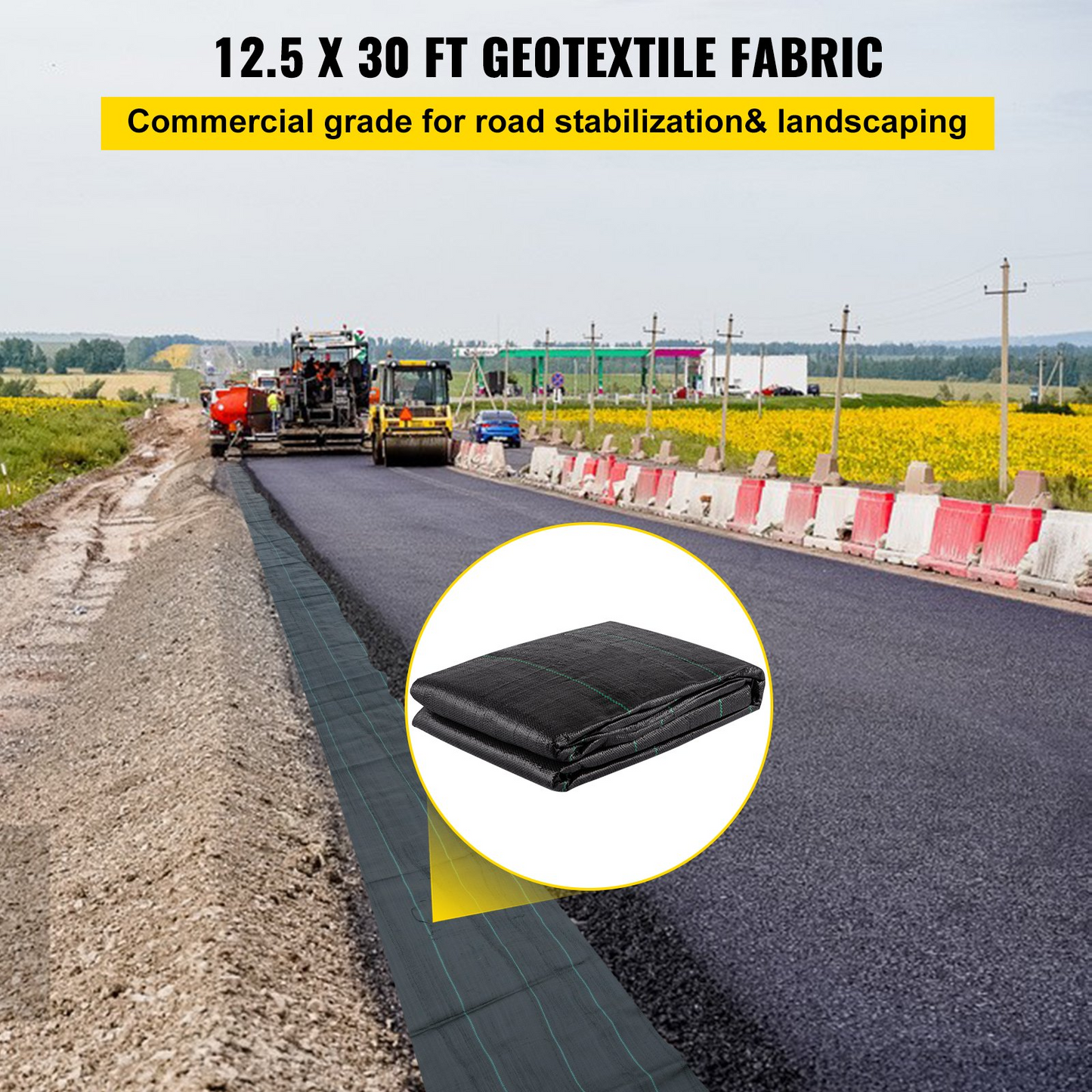 VEVOR Geotextile Fabric, 12.5 x 30 ft 3.5oz Woven PP Driveway Drain Cloth w/ 600lbs Tensile Strength, Heavy Duty Underlayment for Soil Stabilization, Landscaping, Weed Barrier, 12.5FT30FT-3.5OZ, Black