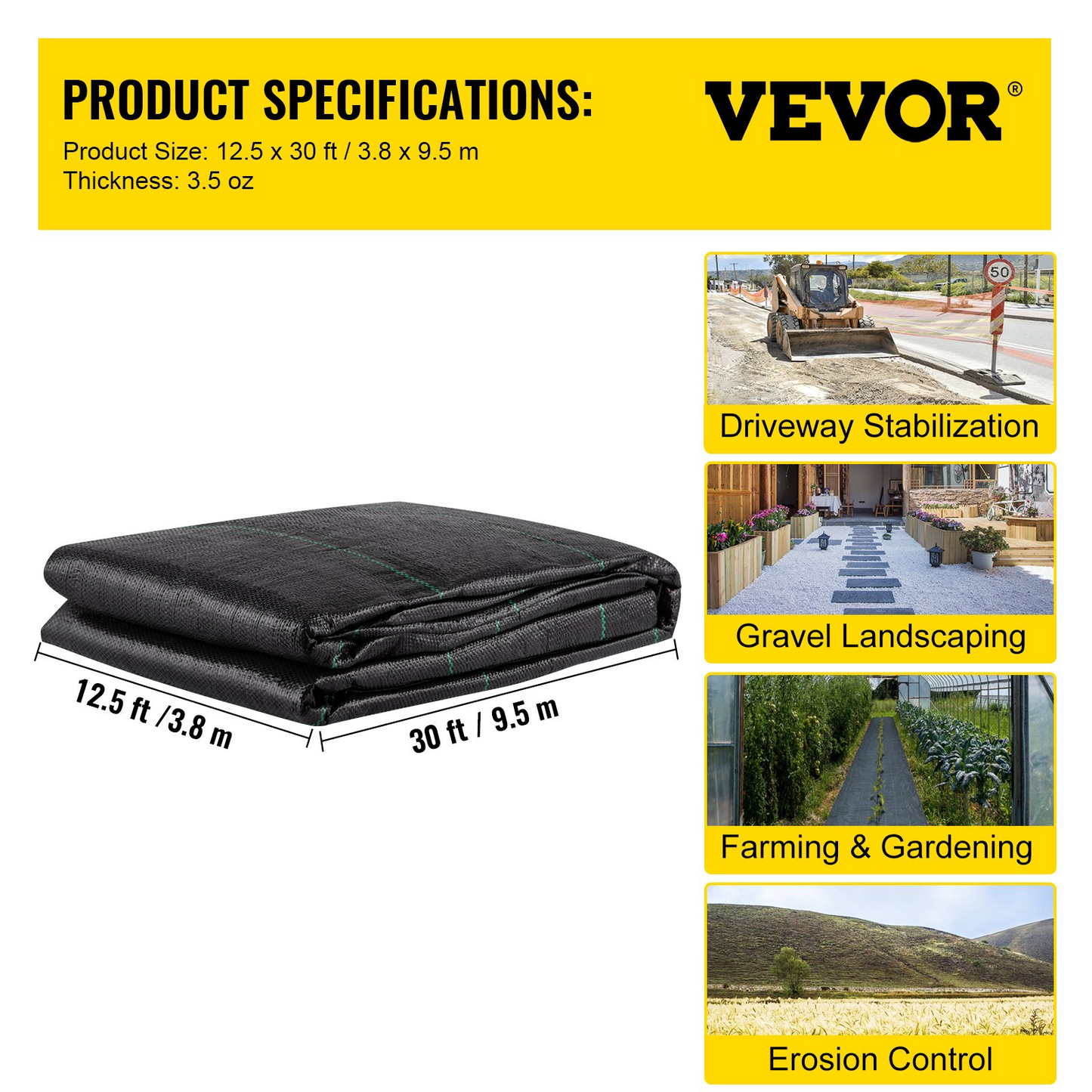 VEVOR Geotextile Fabric, 12.5 x 30 ft 3.5oz Woven PP Driveway Drain Cloth w/ 600lbs Tensile Strength, Heavy Duty Underlayment for Soil Stabilization, Landscaping, Weed Barrier, 12.5FT30FT-3.5OZ, Black