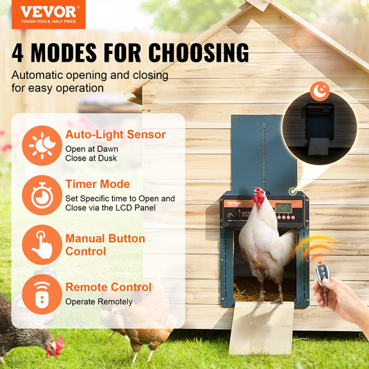 VEVOR Automatic Chicken Coop Door, Auto Chicken Door Opener with Timer & Light Sensor Aluminum Chicken Coops Door with Remote Control and LCD screen, 4 Modes Opening, Battery or DC Powered