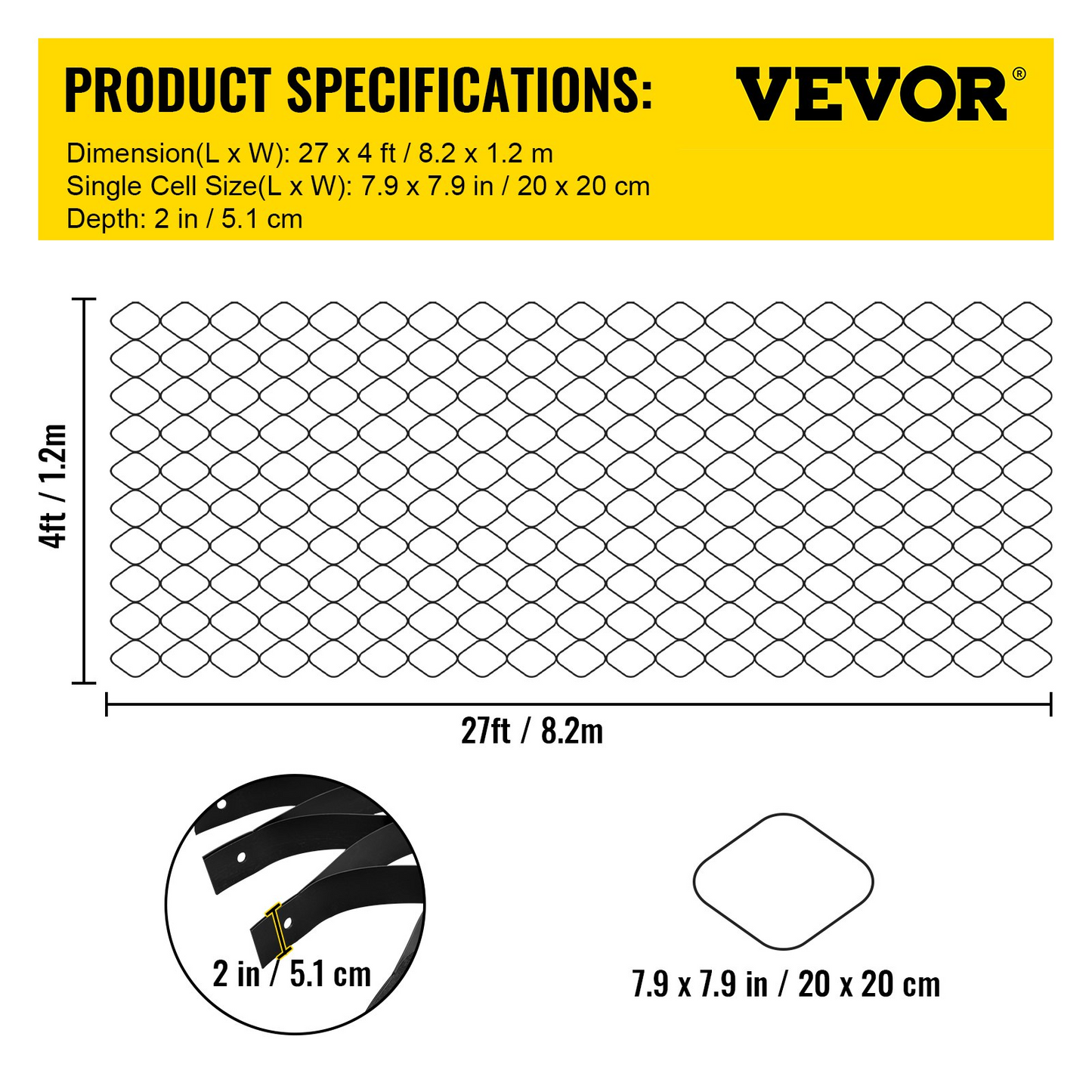 VEVOR Ground Grid, 1885 lbs per Sq Ft Load Geo Grid, 2" Depth Permeable Stabilization System for DIY Patio, Walkway, Shed Base, Light Vehicle Driveway, Parking Lot, Grass, and Gravel