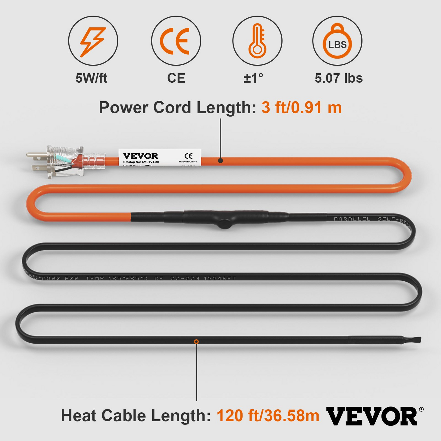 VEVOR Self-Regulating Pipe Heating Cable, 120-feet 5W/ft Heat Tape for Pipes Freeze Protection, Protects PVC Hose, Metal and Plastic Pipe from Freezing, 120V