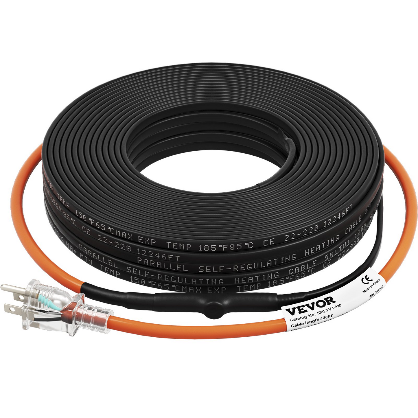 VEVOR Self-Regulating Pipe Heating Cable, 120-feet 5W/ft Heat Tape for Pipes Freeze Protection, Protects PVC Hose, Metal and Plastic Pipe from Freezing, 120V