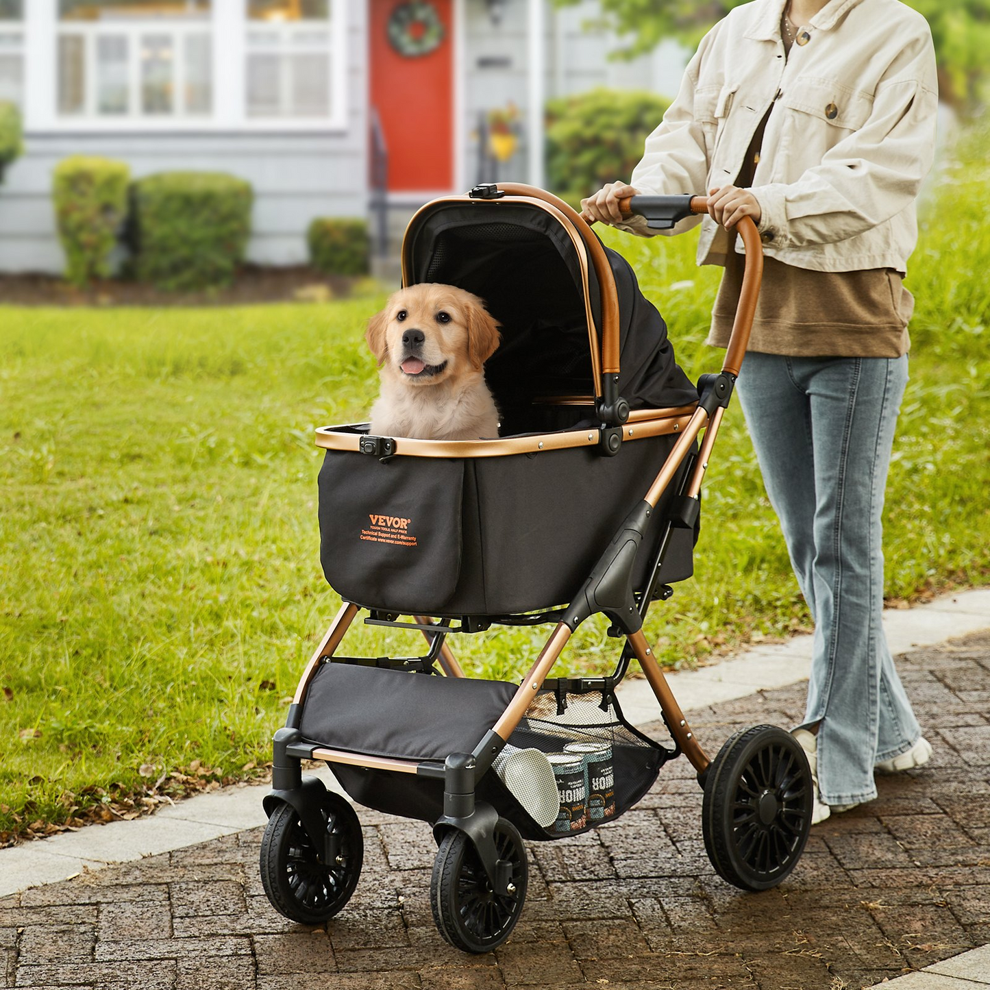 VEVOR Pet Stroller, 4 Wheels Dog Stroller Rotate with Brakes, 66 lbs Weight Capacity, Puppy Stroller with Detachable Carrier, Storage Basket and Pet Pad, for Small to Medium Sized Dogs, Black