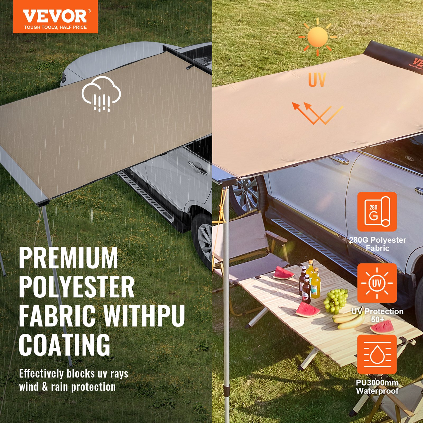 VEVOR Car Side Awning, Large 6.6' x 8.2' Shade Coverage Vehicle Awning, PU3000mm UV50+ Retractable Car Awning with Waterproof Storage Bag, Height Adjustable, Suitable for Truck, SUV, Van, Campers