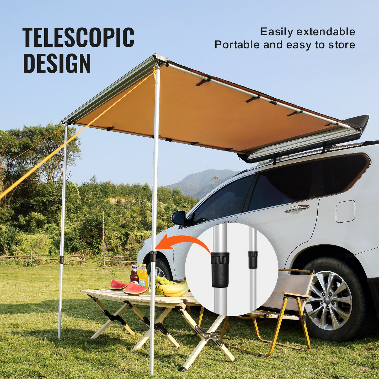 VEVOR Car Side Awning, Large 6.6' x 8.2' Shade Coverage Vehicle Awning, PU3000mm UV50+ Retractable Car Awning with Waterproof Storage Bag, Height Adjustable, Suitable for Truck, SUV, Van, Campers