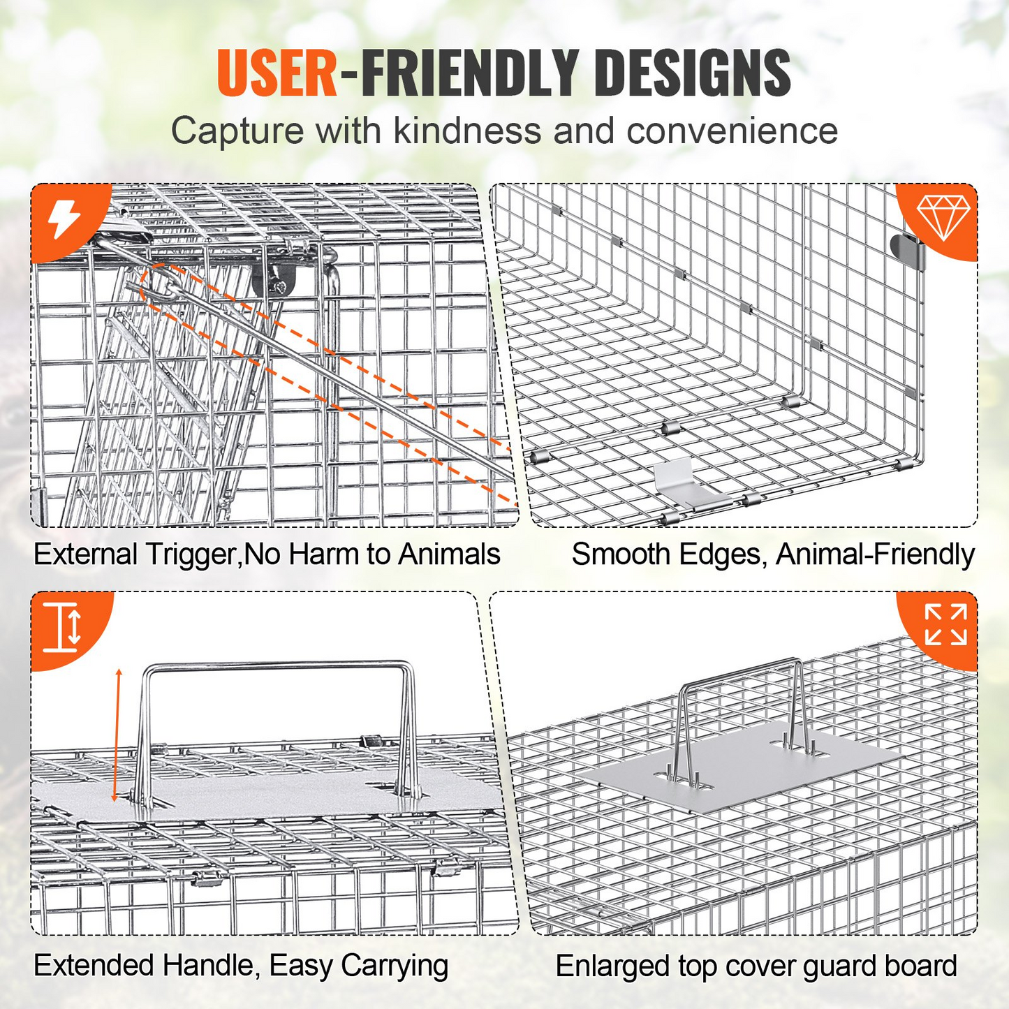 VEVOR Live Animal Cage Trap, 50" x 20" x 26" Humane Cat Trap Galvanized Iron, Folding Animal Trap with Handle for Stray Dogs, Armadillos, Raccoons, Marmots, Foxes