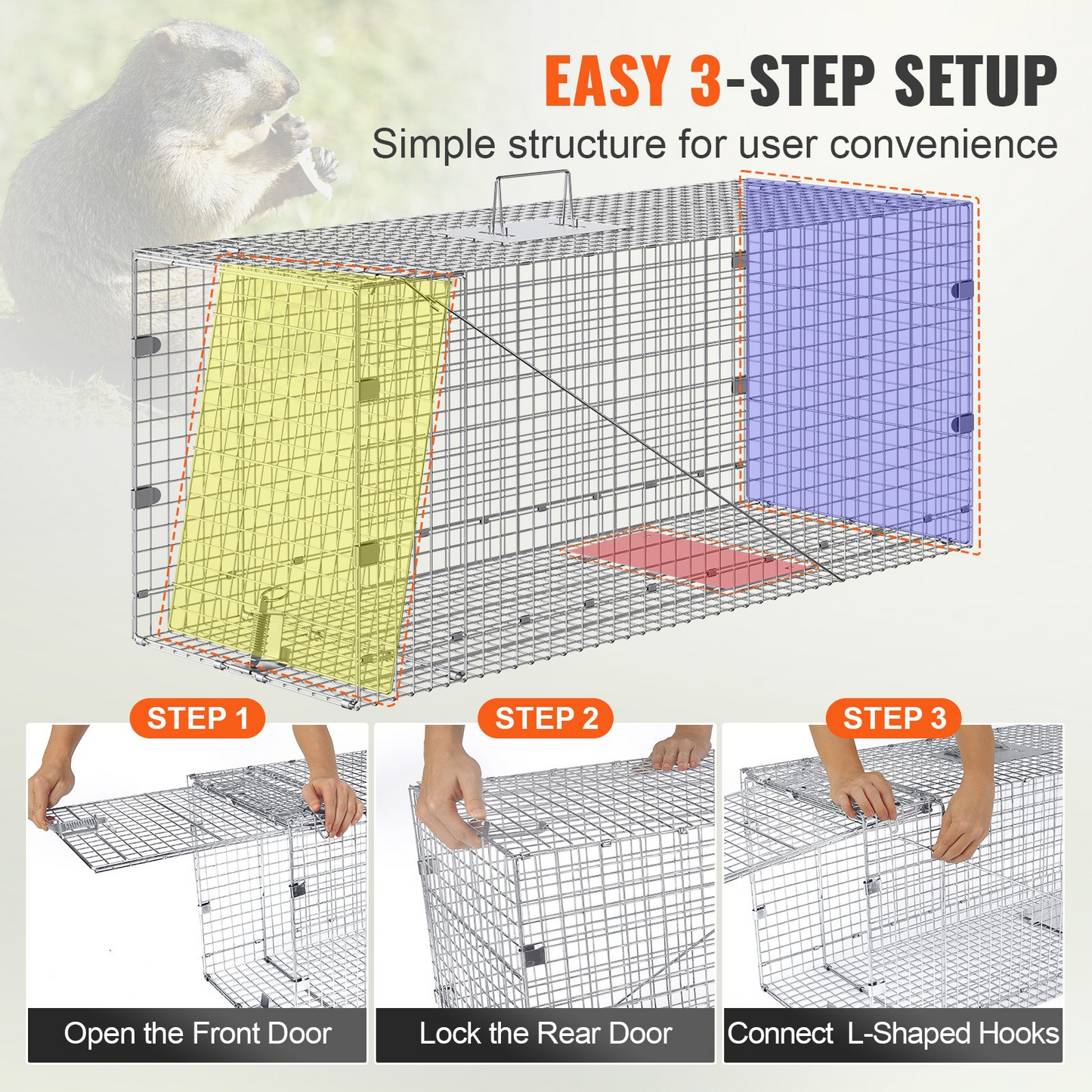 VEVOR Live Animal Cage Trap, 50" x 20" x 26" Humane Cat Trap Galvanized Iron, Folding Animal Trap with Handle for Stray Dogs, Armadillos, Raccoons, Marmots, Foxes