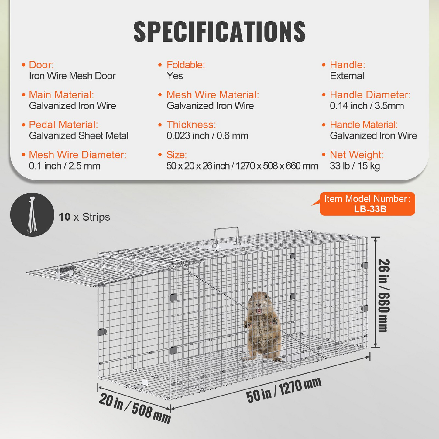 VEVOR Live Animal Cage Trap, 50" x 20" x 26" Humane Cat Trap Galvanized Iron, Folding Animal Trap with Handle for Stray Dogs, Armadillos, Raccoons, Marmots, Foxes