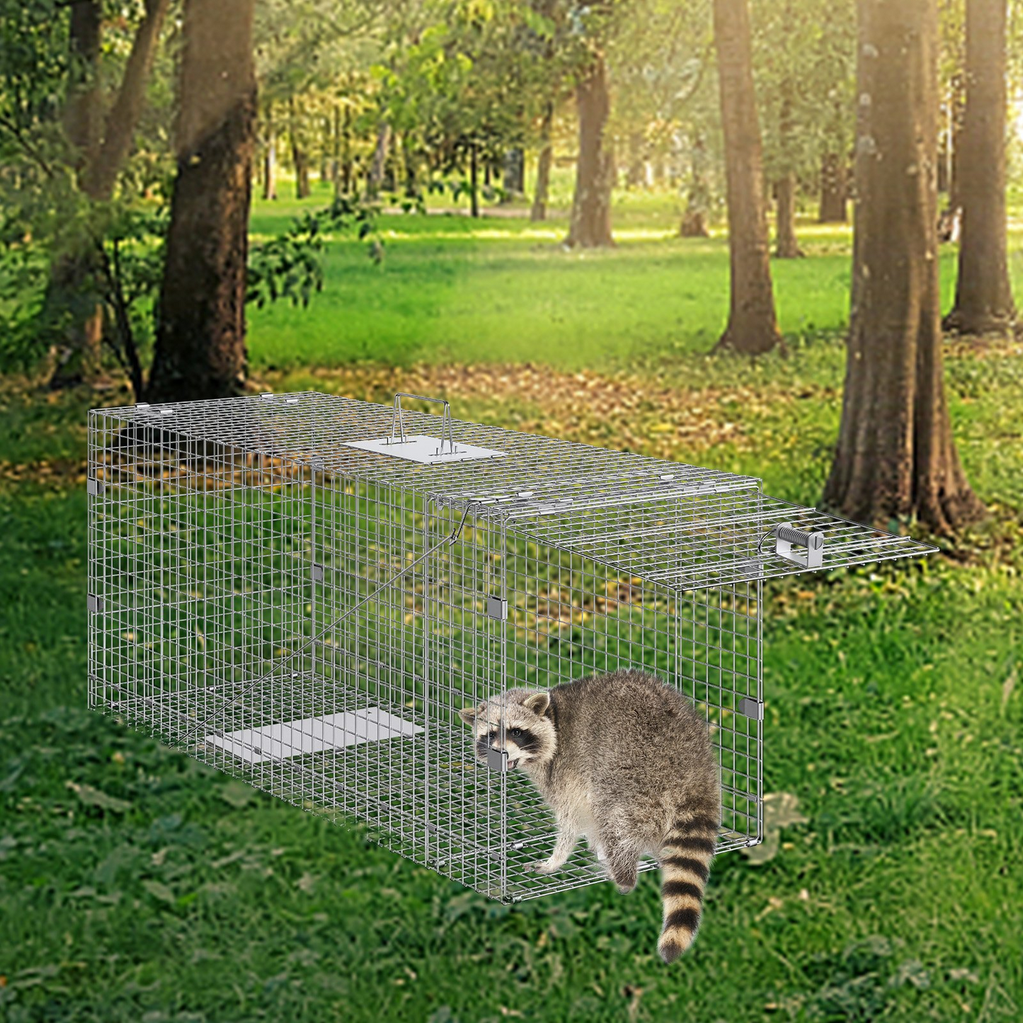 VEVOR Live Animal Cage Trap, 50" x 20" x 26" Humane Cat Trap Galvanized Iron, Folding Animal Trap with Handle for Stray Dogs, Armadillos, Raccoons, Marmots, Foxes