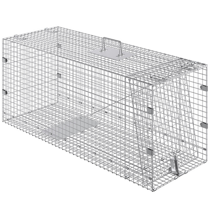 VEVOR Live Animal Cage Trap, 50" x 20" x 26" Humane Cat Trap Galvanized Iron, Folding Animal Trap with Handle for Stray Dogs, Armadillos, Raccoons, Marmots, Foxes