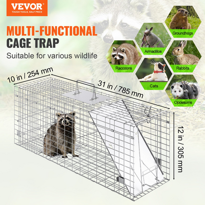 VEVOR Live Animal Cage Trap, 31" x 10" x 12" Humane Cat Trap Galvanized Iron, Folding Animal Trap with Handle for Rabbits, Stray Cats, Squirrels, Raccoons, Groundhogs and Opossums