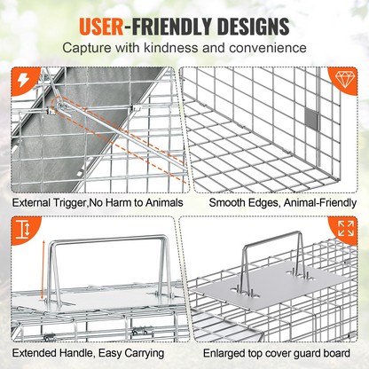 VEVOR Live Animal Cage Trap, 31" x 10" x 12" Humane Cat Trap Galvanized Iron, Folding Animal Trap with Handle for Rabbits, Stray Cats, Squirrels, Raccoons, Groundhogs and Opossums