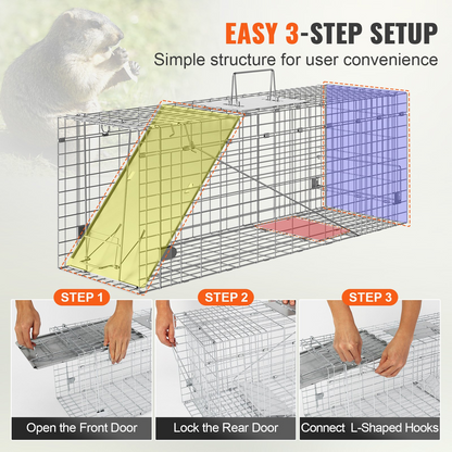 VEVOR Live Animal Cage Trap, 31" x 10" x 12" Humane Cat Trap Galvanized Iron, Folding Animal Trap with Handle for Rabbits, Stray Cats, Squirrels, Raccoons, Groundhogs and Opossums